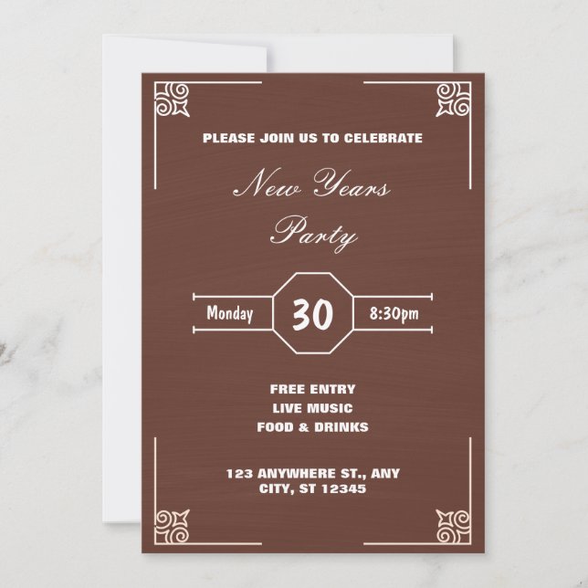 Rustic Brown Decorated Christmas New Year Invitation (Front)
