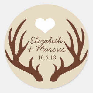 Rustic Brown Deer Antlers Couple's Names Classic Round Sticker