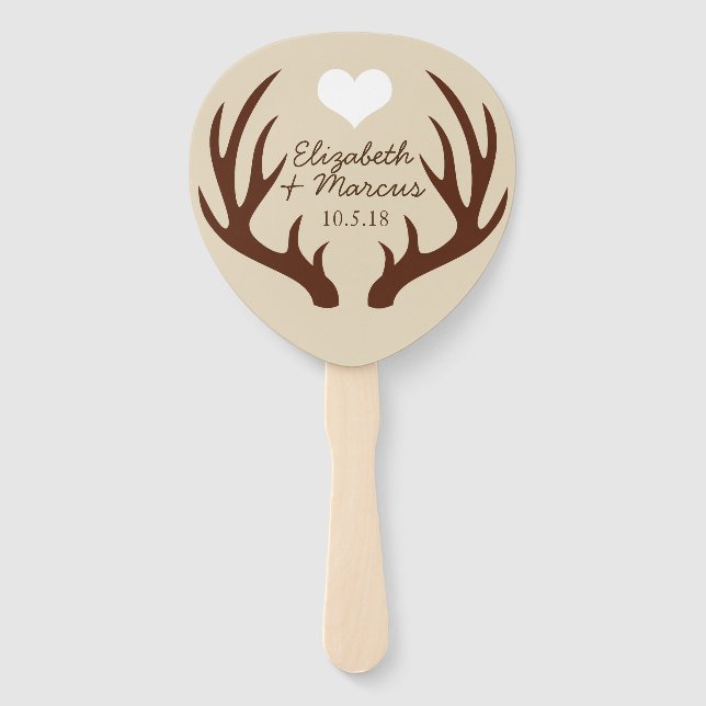 Rustic Brown Deer Antlers Couple's Names Hand Fan (Front)