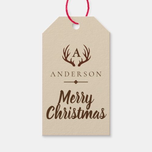 Rustic Brown Deer Antlers  Family Name Christmas Gift Tags