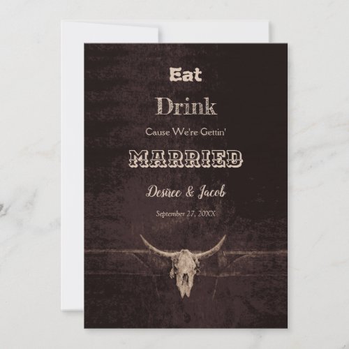 Rustic Brown Eat Drink Married Bull Skull Announcement