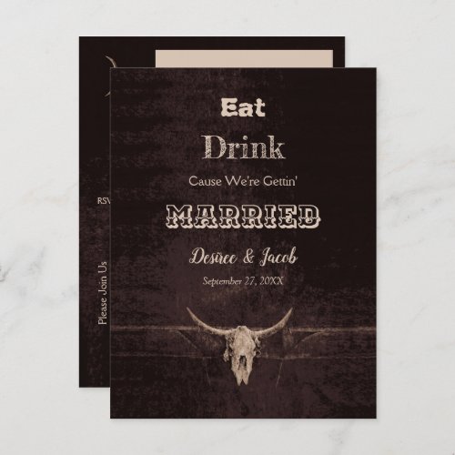 Rustic Brown Eat Drink Married Bull Skull Announcement Postcard