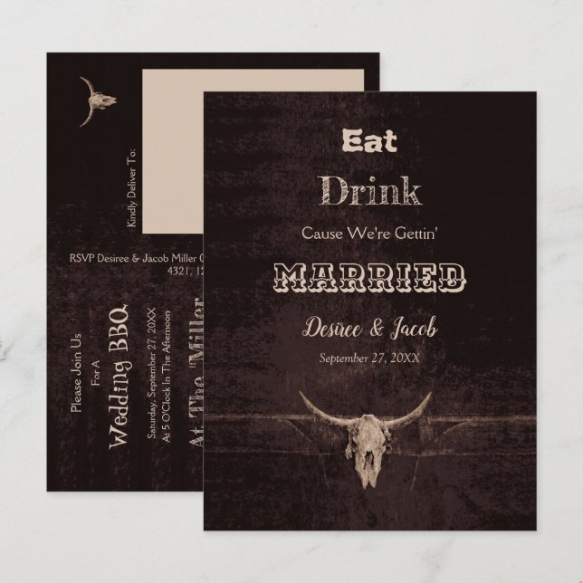 Rustic Brown Eat Drink Married Bull Skull Announcement Postcard (Front/Back)