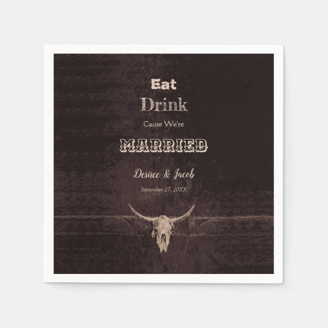Rustic Brown Eat Drink Married Western Bull Skull Napkins (Front)