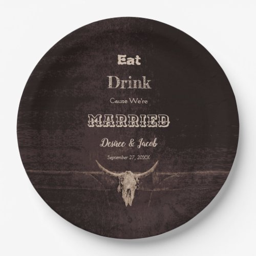 Rustic Brown Eat Drink Married Western Bull Skull Paper Plates