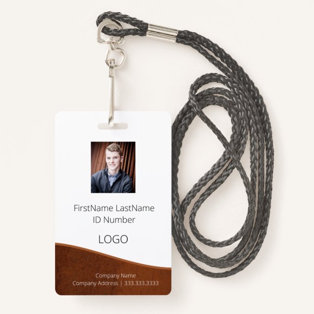 Rustic Brown Employee ID Badge with Barcode (Front with Lanyard)