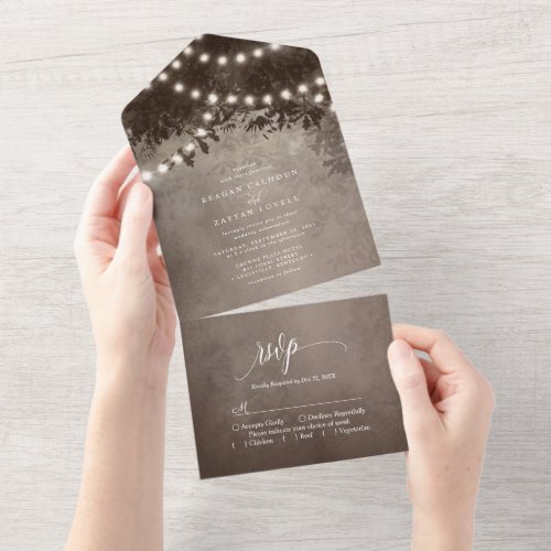 Rustic Brown Ethereal Tree String Lights Wedding All In One Invitation