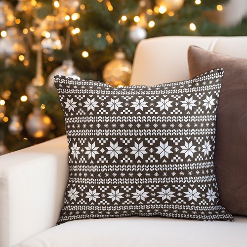 Rustic Brown Fair Isle Holiday Throw Pillow