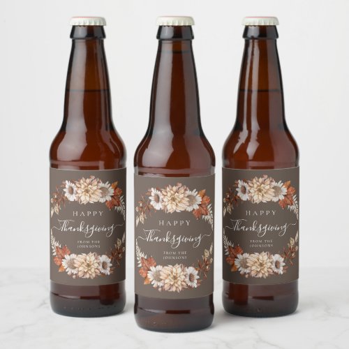 Rustic Brown Fall Floral Happy Thanksgiving Beer Bottle Label