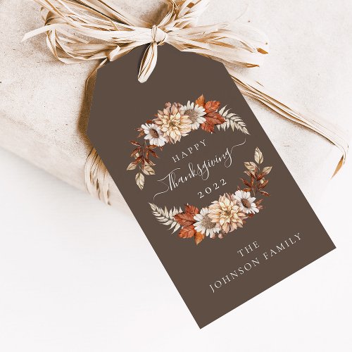 Rustic Brown Fall Floral Happy Thanksgiving Gift Tags