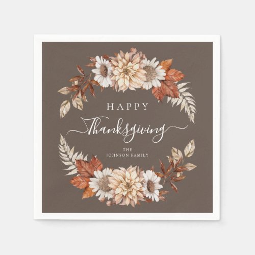Rustic Brown Fall Floral Happy Thanksgiving  Napkins