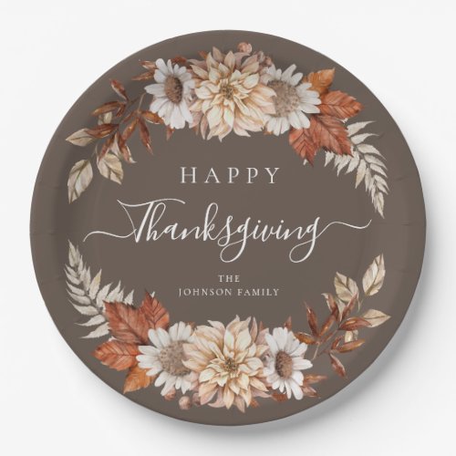 Rustic Brown Fall Floral Happy Thanksgiving Paper Plates