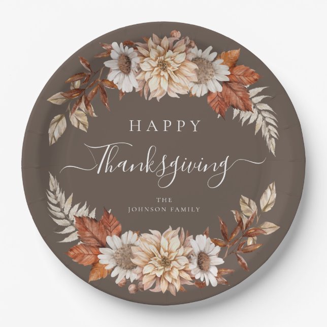 Rustic Brown Fall Floral Happy Thanksgiving Paper Plates (Front)
