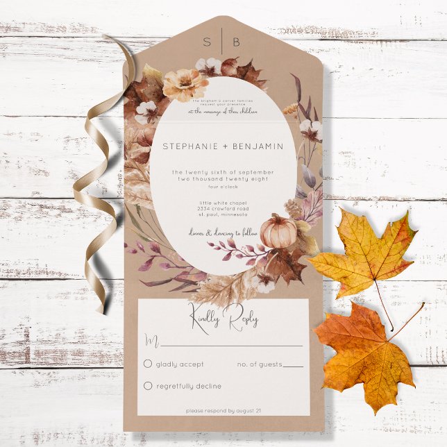 Rustic Brown Fall Floral & Leaves No Dinner All In One Invitation (Creator Uploaded)