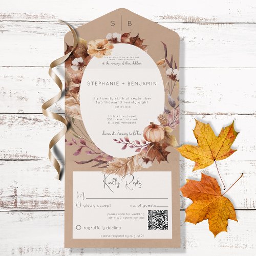 Rustic Brown Fall Floral  Leaves QR Code All In One Invitation