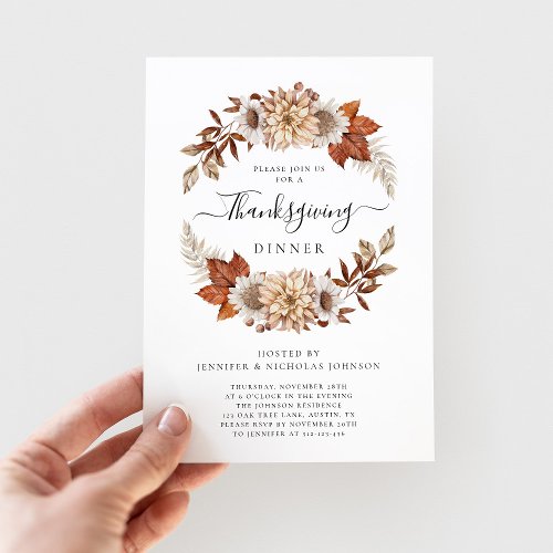 Rustic Brown Fall Floral Thanksgiving Dinner Invitation