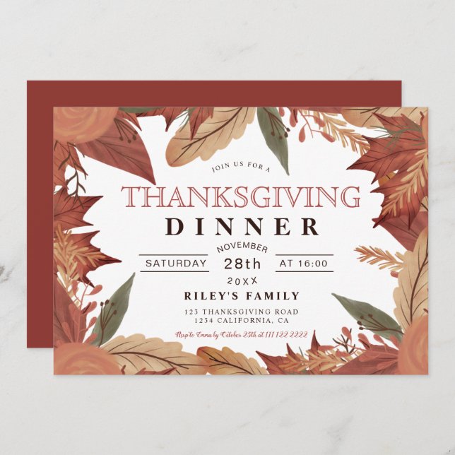 Rustic brown fall leaf floral thanksgiving invitation (Front/Back)