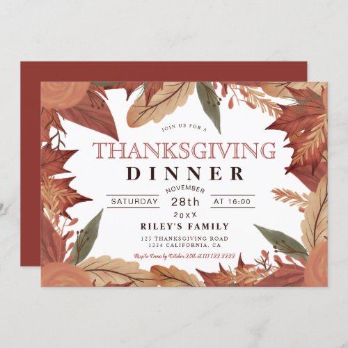 Rustic brown fall leaf floral thanksgiving invitation