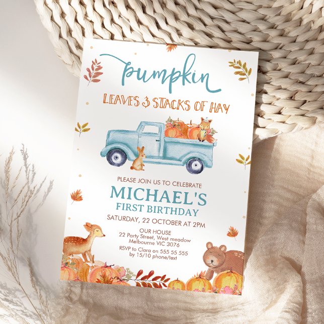 Rustic Brown Fall Pumpkin Truck 1st Birthday Invitation (Fall Pumpkin Truck First Birthday Invitation Template Printable Pumpkins Leaves and Stacks Hay )