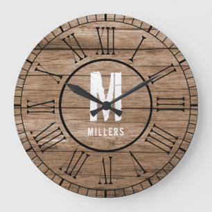 Rustic Brown Family Monogram Weathered Wood Large Clock