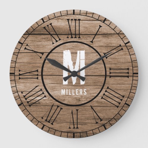 Rustic Brown Family Monogram Weathered Wood Large Clock