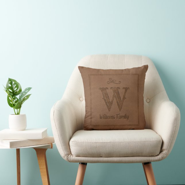 Rustic Brown Faux Leather Custom Monogram Family Throw Pillow (Chair)