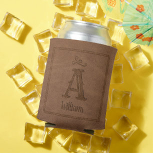 Rustic Brown Faux Leather Custom Monogram Name Can Cooler