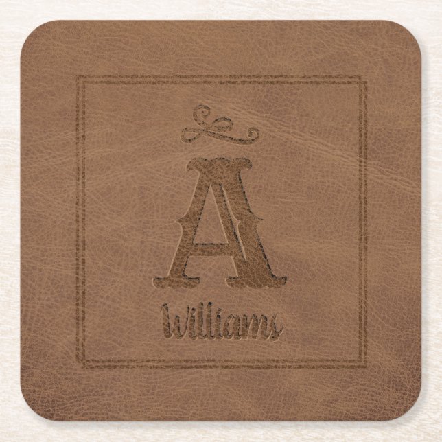 Rustic Brown Faux Leather Custom Monogram Name Square Paper Coaster (Front)
