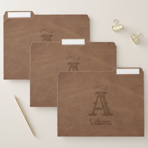 Rustic Brown Faux Leather Monogram Name File Folder