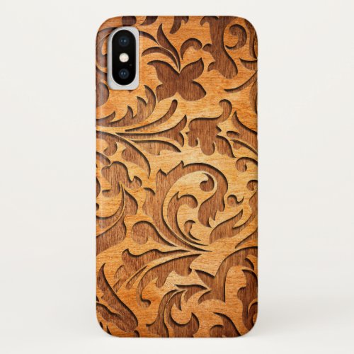 Rustic Brown Faux Wood Floral Swirls Carved iPhone X Case