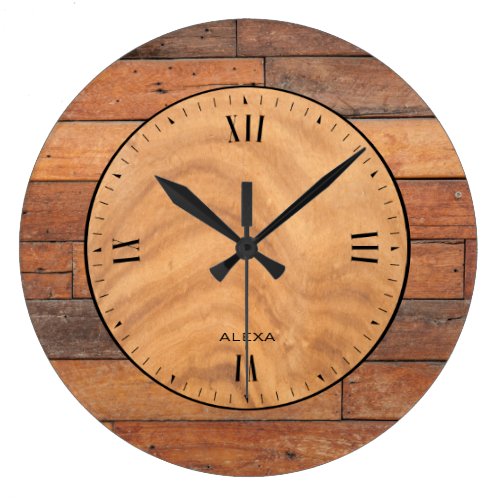 Rustic brown faux wood planks large clock