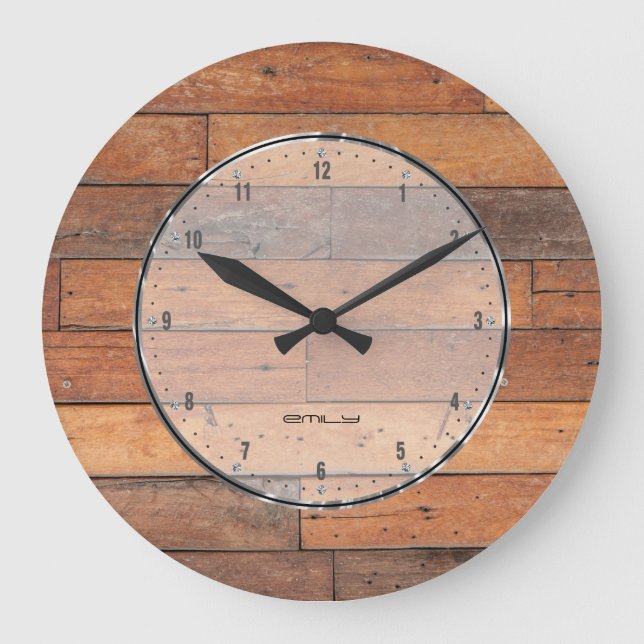 Rustic Brown Faux Wood Planks Pattern Large Clock (Front)