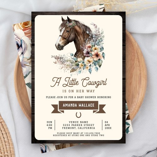 Rustic Brown Floral Horse Cowgirl Baby Shower Invitation