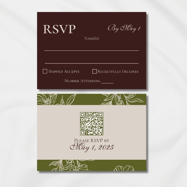 Rustic Brown Floral QR RSVP Card (Modern Elegant Mousse Brown Wedding Suite Theme with options to personalize for your special day.)