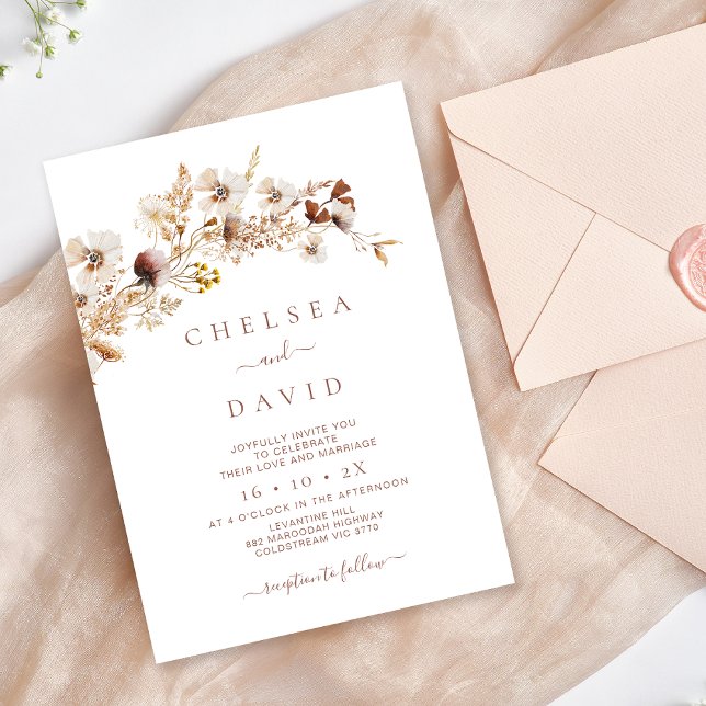 Rustic Brown Floral Wildflowers Wedding  Invitation (Rustic Wildflowers Wedding Invitation, Modern Rustic Wildflower Wedding Invite, Floral Natural Tones)