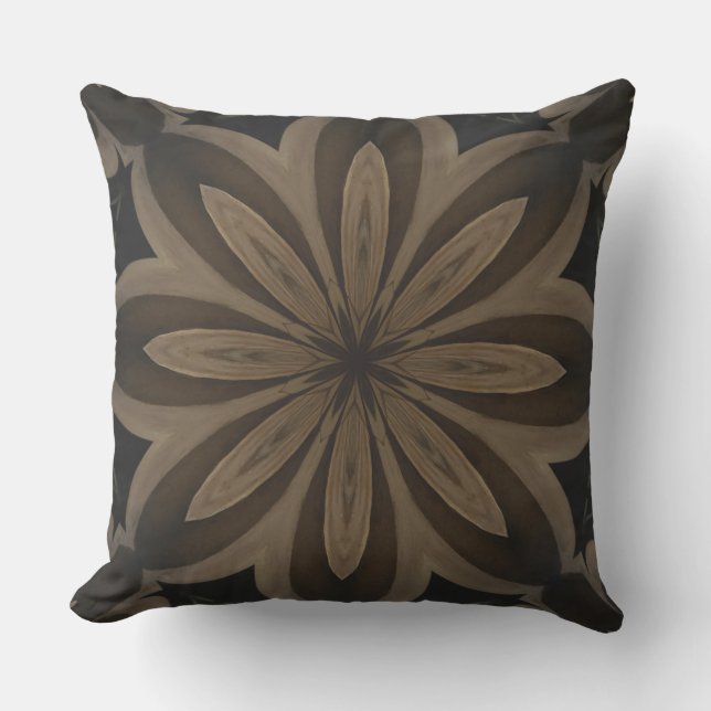 Rustic Brown Flower Kaleidoscope Design Throw Pillow (Front)