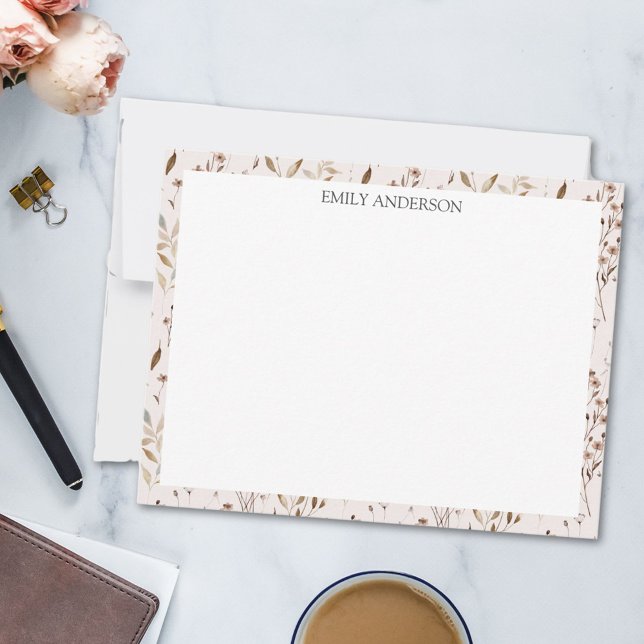 Rustic Brown Flower Leaf Floral Botanical Pattern Note Card (In situ)