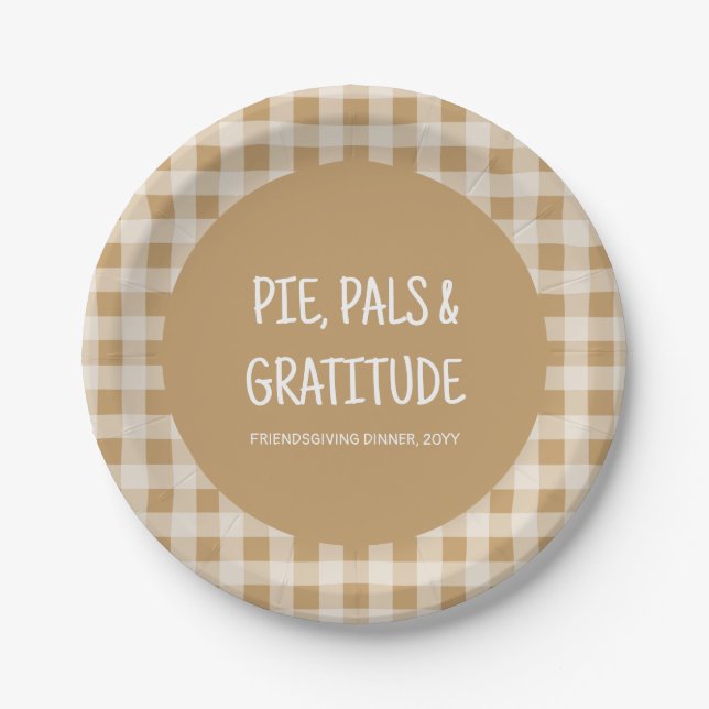 Rustic Brown Gingham Friendsgiving Dinner Party Paper Plates (Front)