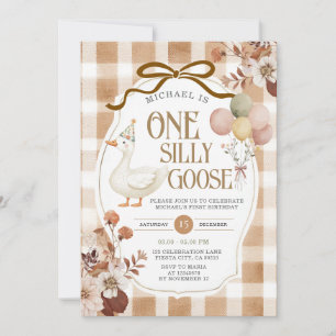 Rustic Brown Gingham One Silly Goose Birthday Invitation
