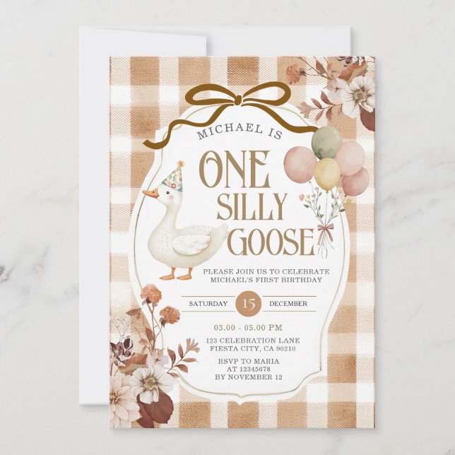 Rustic Brown Gingham One Silly Goose Birthday  Invitation (Front)
