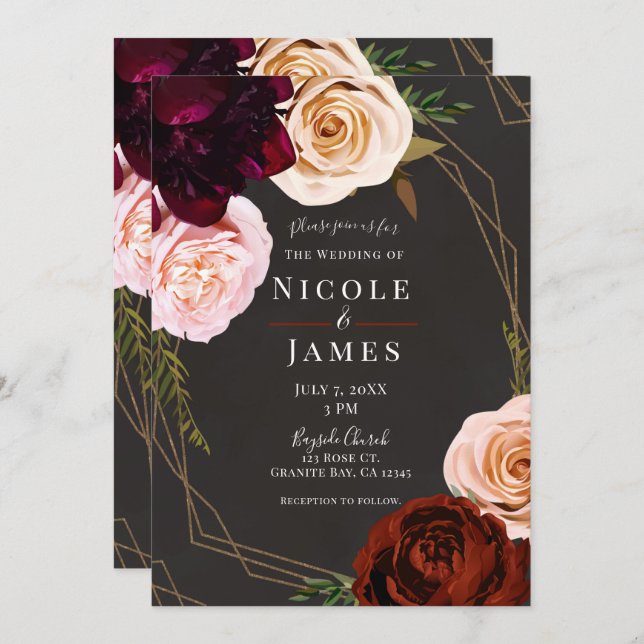 Rustic Brown & Gold Modern Dark Floral Wedding Invitation (Front/Back)