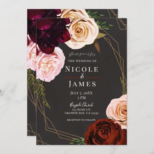 Rustic Brown  Gold Modern Dark Floral Wedding Invitation
