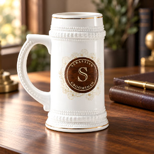 Rustic Brown Gold Monogram Groomsman Gift Beer Stein