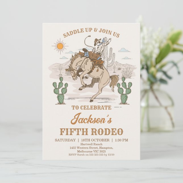 Rustic Brown Green Bronco Cowboy Rodeo Birthday Invitation (Standing Front)