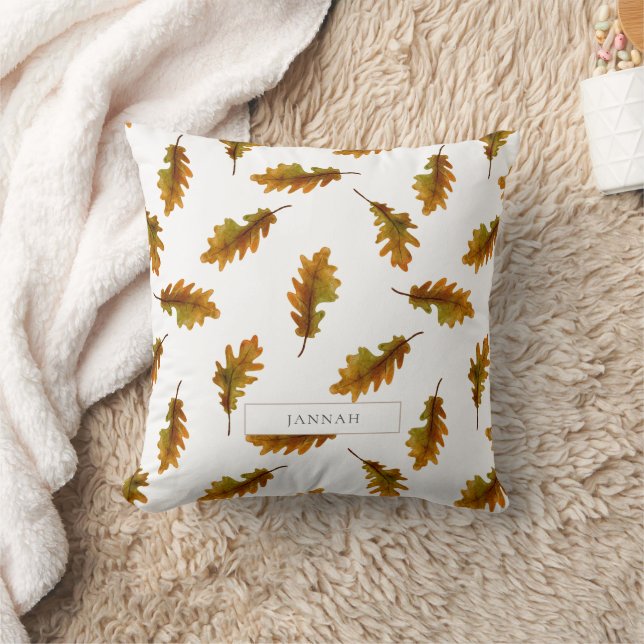 Rustic Brown Green Fall Leaves Autumn Pattern Name Throw Pillow (Blanket)