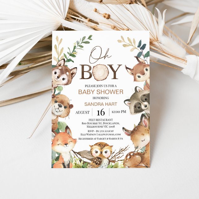 Rustic Brown Green Watercolor Woodland Baby Shower Invitation (Boy Woodland Baby Shower Invitation, Forest Animals, Watercolour Woodland Animals, Greenery, Oh Boy)