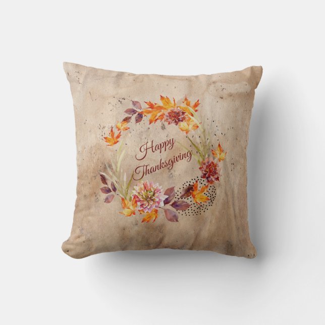 Rustic Brown Happy Thanksgiving Floral Wreath Thro Throw Pillow (Front)
