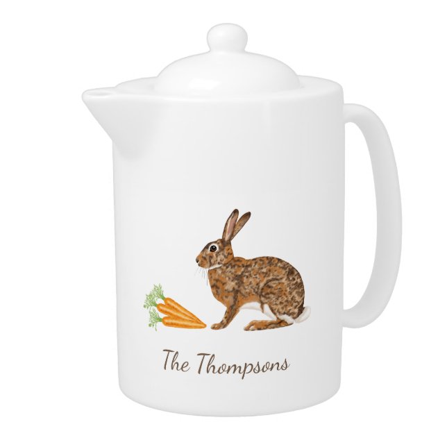 Rustic Brown Hare Rabbit And Carrots With Name Teapot (Right)