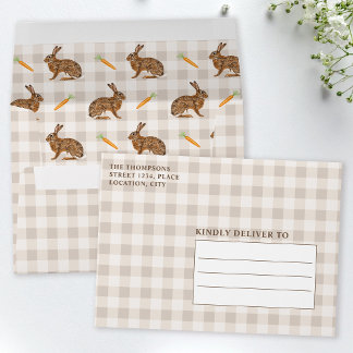 Rustic Brown Hares With Carrots Gingham Easter Envelope