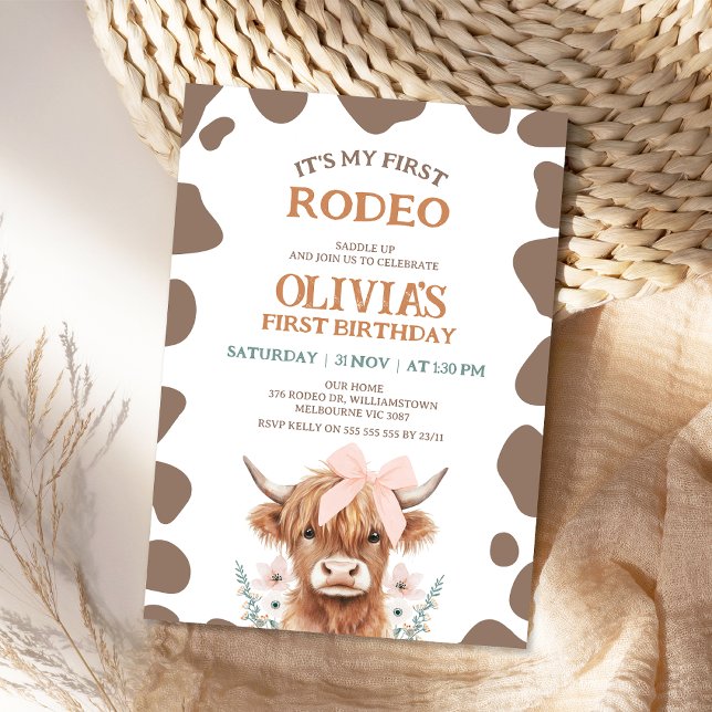 Rustic Brown Highland Cow First Rodeo 1st Birthday Invitation (My First Rodeo Birthday Invitation, 1st Birthday Invitation Rodeo, Girl 1st Birthday Invitation )